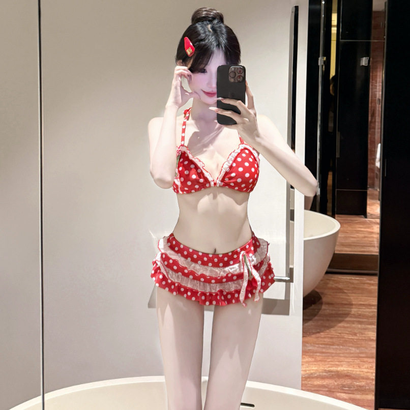比基尼泳衣女款分体三件套甜美波点小樱桃ins风纯欲泳衣