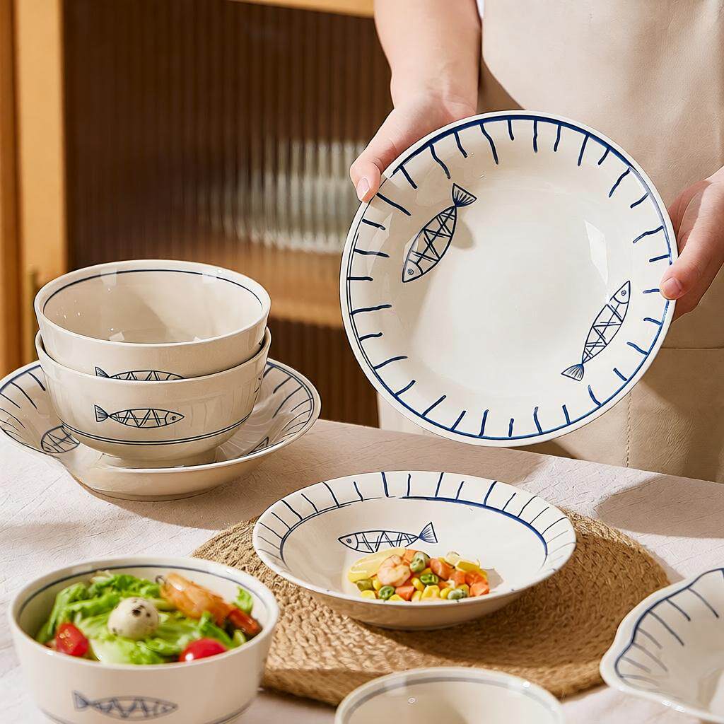 日式年年有鱼家用陶瓷米饭碗餐具釉彩碗盘碗碟套装小碗菜盘餐盘