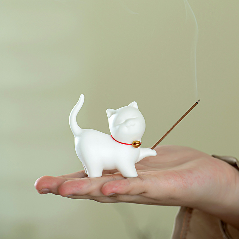 故宫猫白瓷香插可爱小猫咪线香炉茶桌品香闻道配件陶瓷工艺品