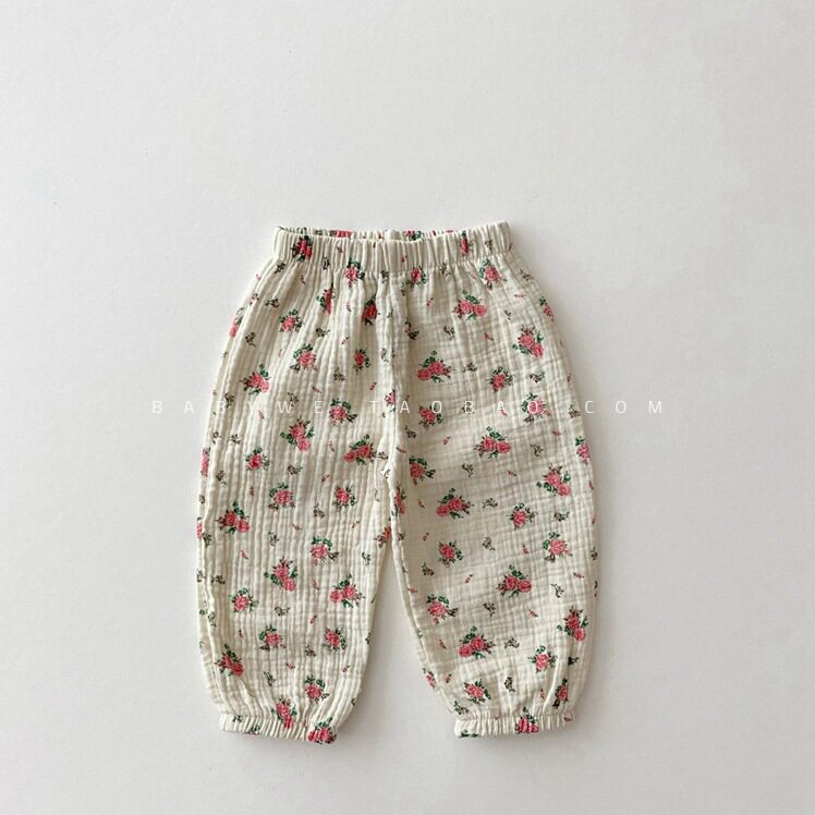 INS婴幼儿印花双层纱布防蚊裤女宝宝柔软休闲长裤韩版春夏哈伦裤