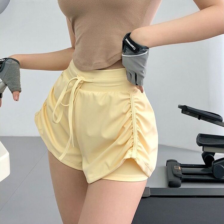 夏抽绳防走光训练运动三分裤假两件瑜伽短裤女健身房跑步速干透气
