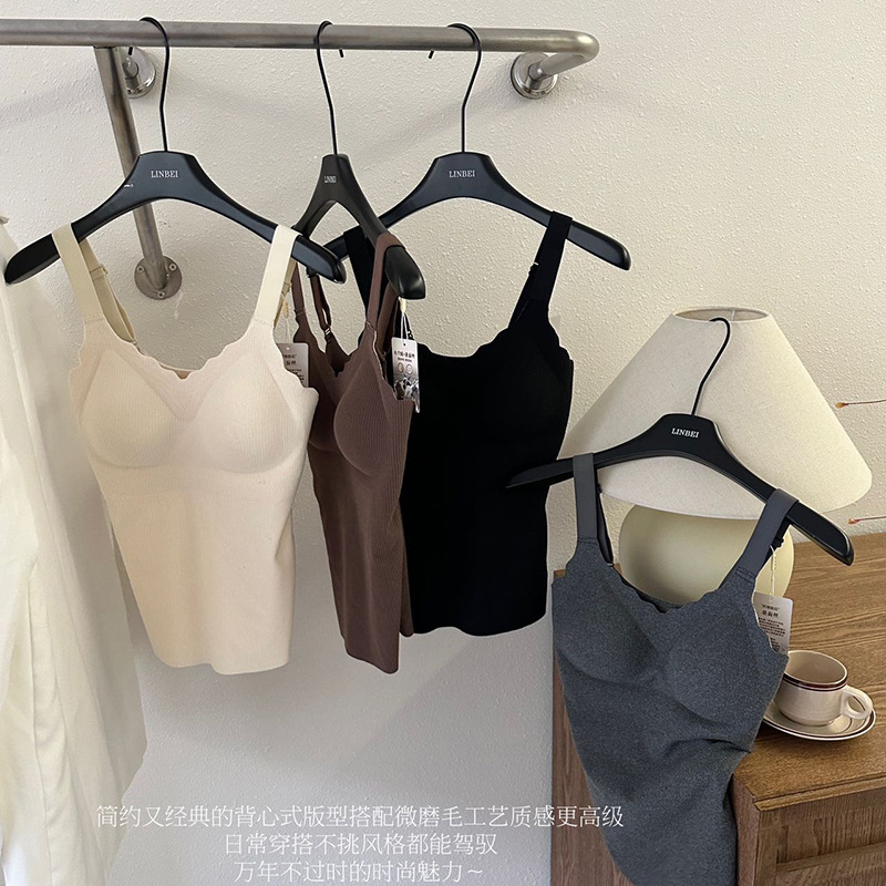 秋冬德绒无痕V领保暖内衣女发热背心带胸垫内搭固定外穿打底上衣