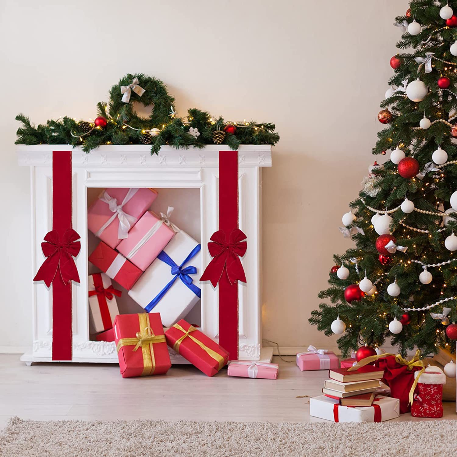 博盛圣诞红色天鹅绒圣诞门饰缎带派对装饰品悬挂拆卸红绒布蝴蝶结