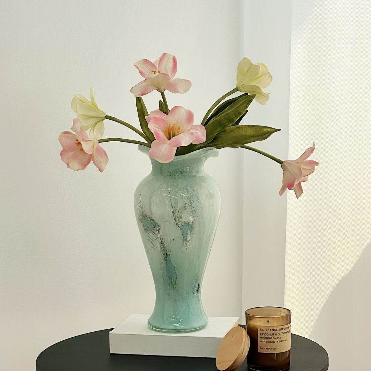 法式中古蓝色仙女玻璃花瓶高颜值客餐厅花瓶插花高级感装饰品摆件
