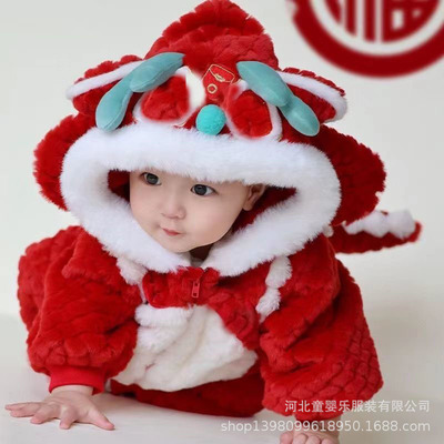 婴幼儿喜庆过年服周岁服冬婴儿冬装宝宝拜年服冬季加绒加厚连体衣
