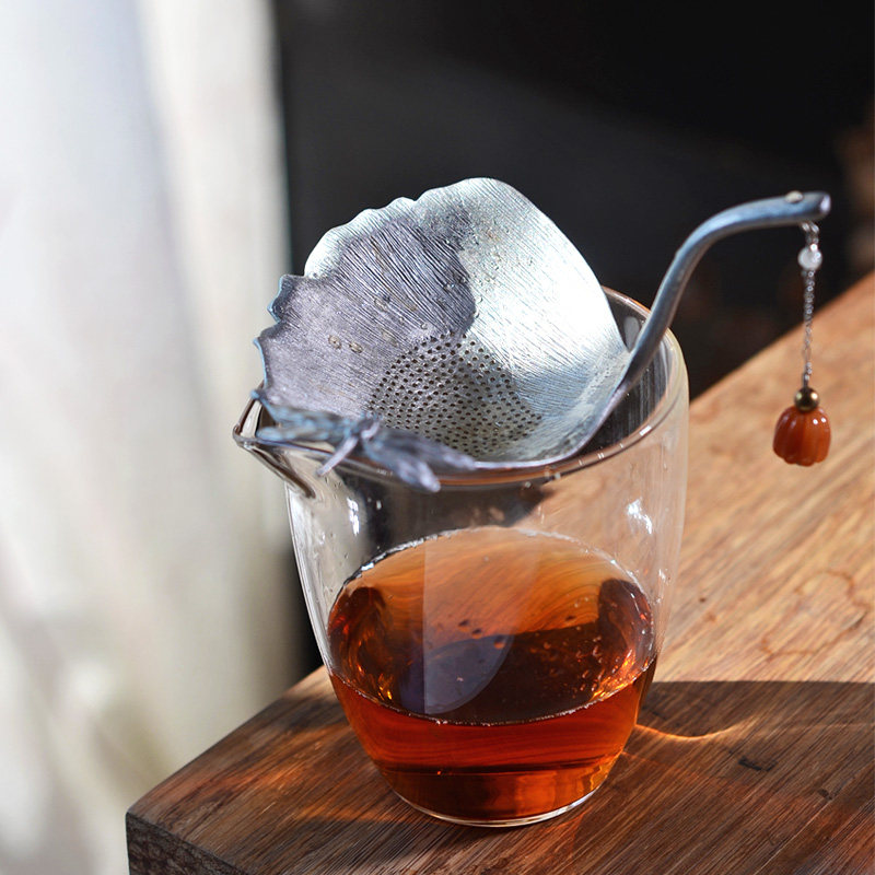 热销纯手工锡制茶漏器茶过滤网镶银坠银杏树叶架茶漏茶滤创意家用