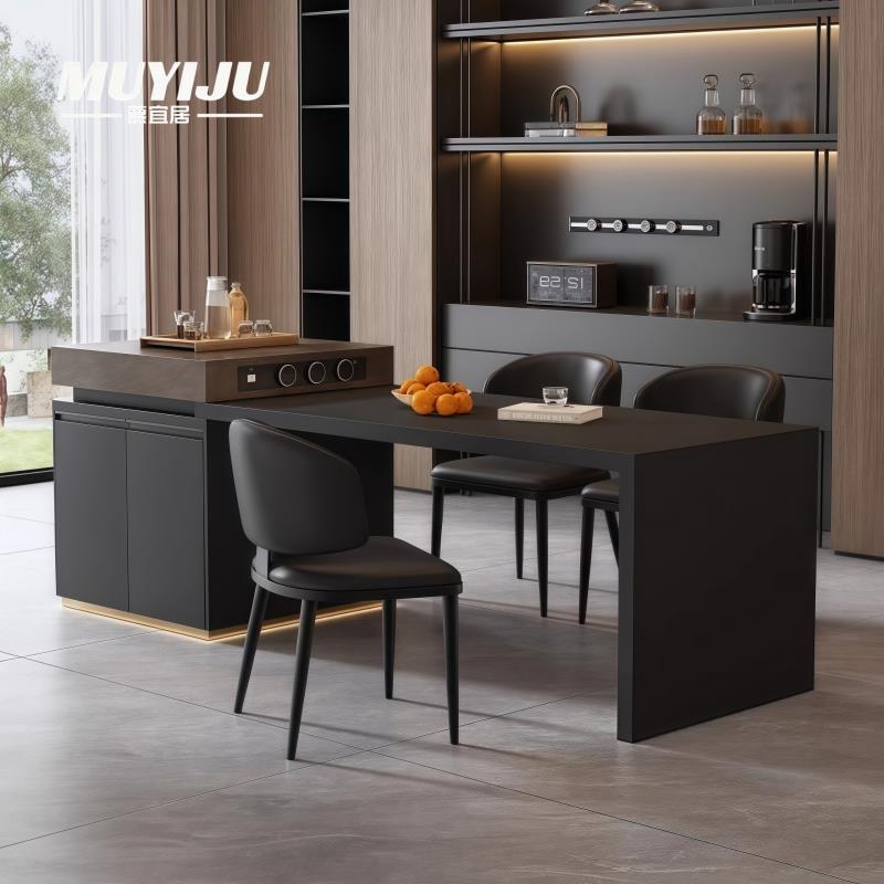 意式轻奢岩板岛台餐桌一体可伸缩家用厨房倒台设计师高端定制导台