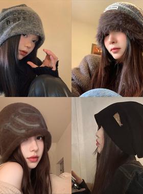 黑色堆堆帽女秋冬季新款大头围显脸小包头帽时尚百搭针织套头帽子