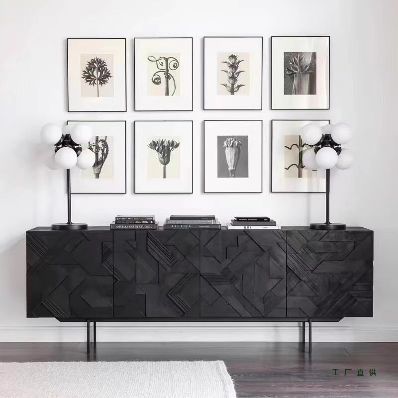 中古风电视柜边柜雕花餐边柜轻奢诧寂储物柜黑橡木色玄关柜子定