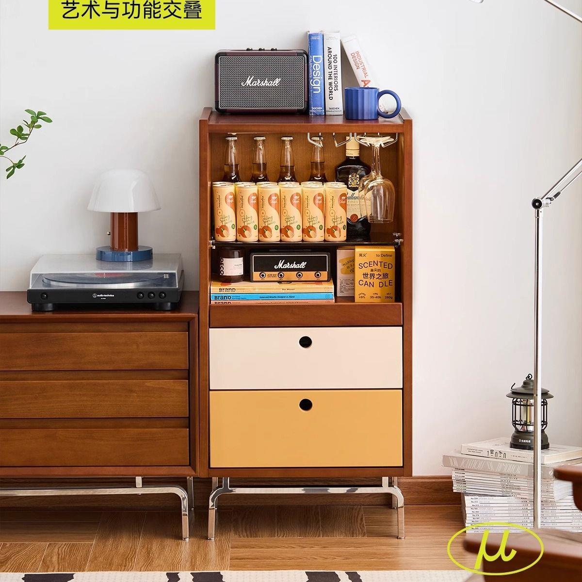 实木小边柜复古拼色客厅电视机边柜小户型餐柜酒柜靠墙收纳柜古风