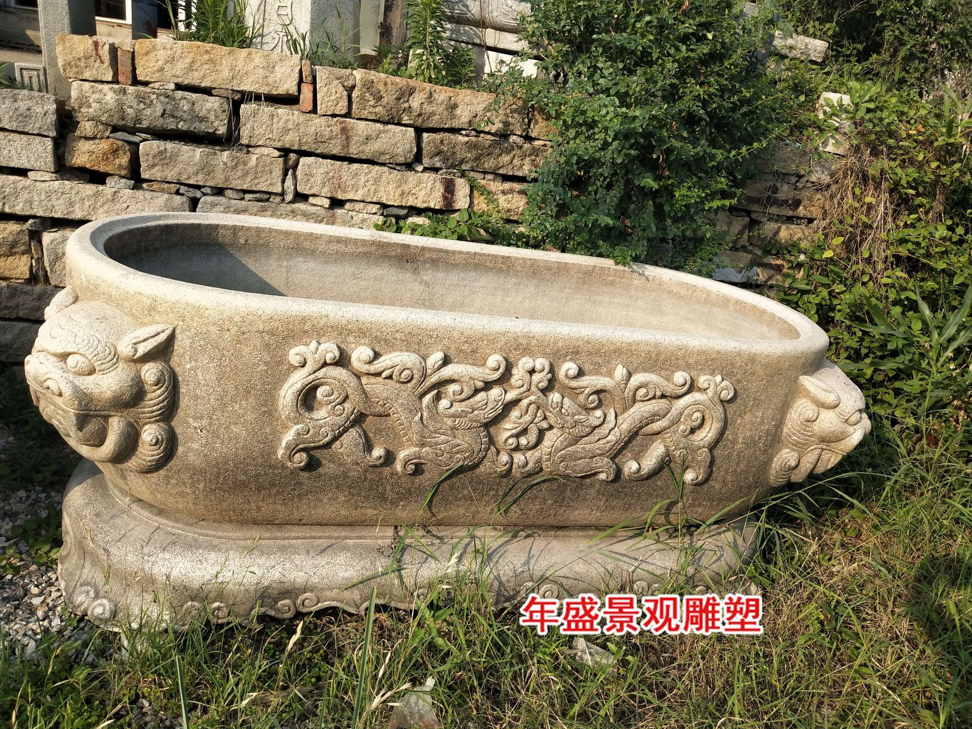 中式仿古做旧大理石雕龙鱼缸摆件