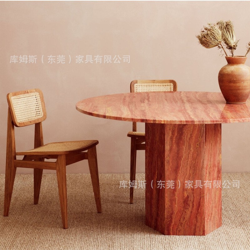 北欧天然大理石洞石餐桌简约现代洽谈桌酒店会议餐厅圆桌意式轻奢
