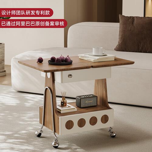 中古风实木折叠茶几家用客厅小户型可移动置物茶台沙发推车小边几