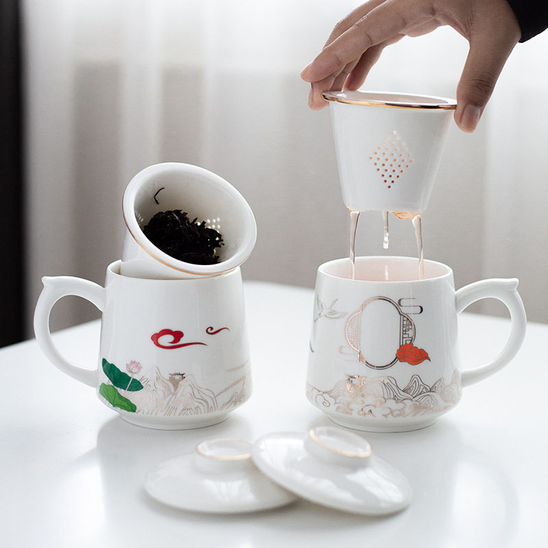 茶水分离泡茶杯办公室马克杯带盖过滤个人专用陶瓷水杯礼品印logo