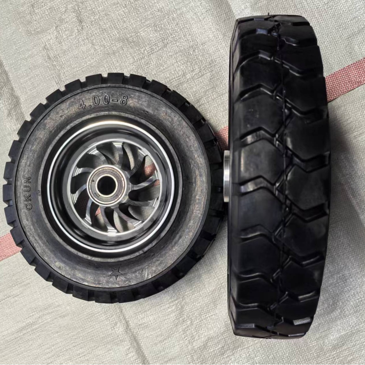 16寸400-8铝合金纯橡胶实心轮手推车工具车脚轮餐车平板车