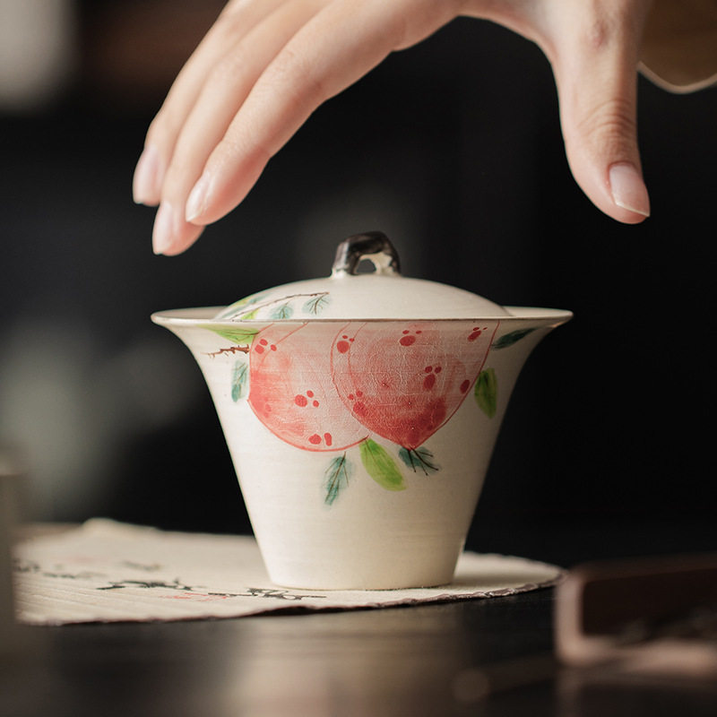 文人白粉引手绘盖碗 粉彩桃子泡茶碗茶杯单个不烫手茶具诧寂风