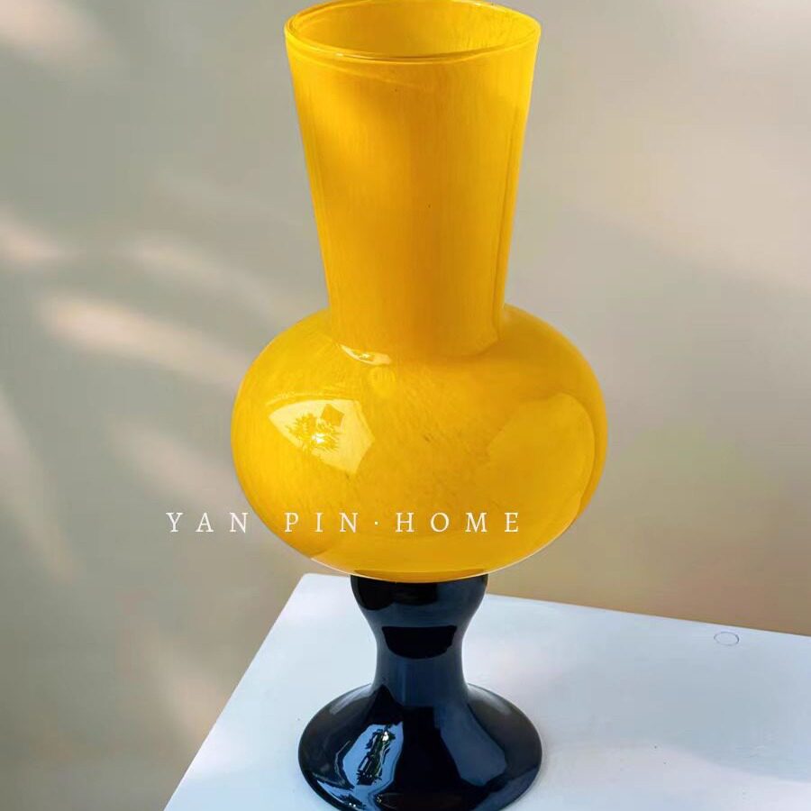 中古风橙色高脚花瓶 琉璃水养鲜花摆件 装饰品质玻璃花器批发