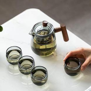 家用茶水分离泡茶壶花茶壶烟榭壶木把高硼硅玻璃壶过滤内胆煮茶器