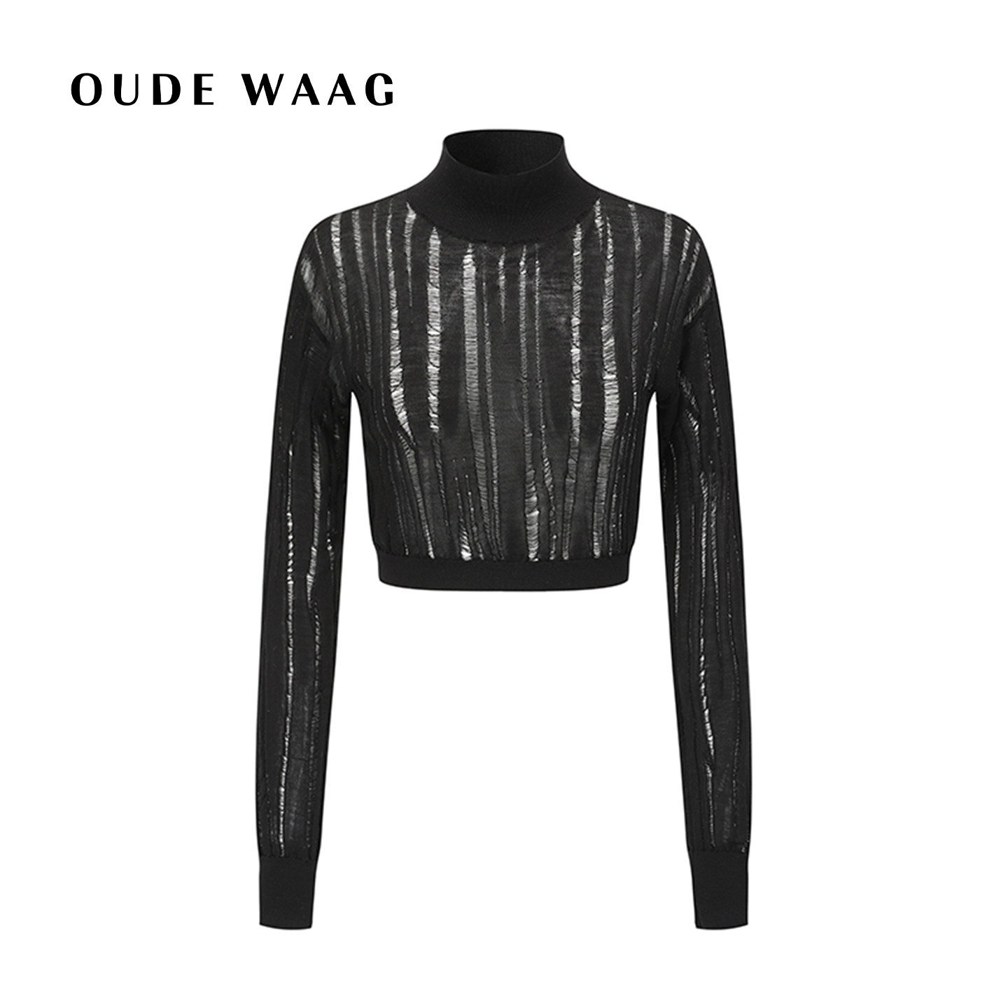 OUDE WAAG 优雅真丝纱高领条纹肌理短款针织衫上衣