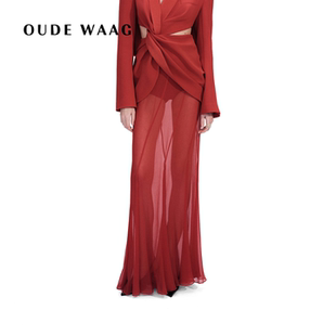 经典 WAAG OUDE 新年红色优雅真丝乔其纱双层鱼尾裙 倪妮同款