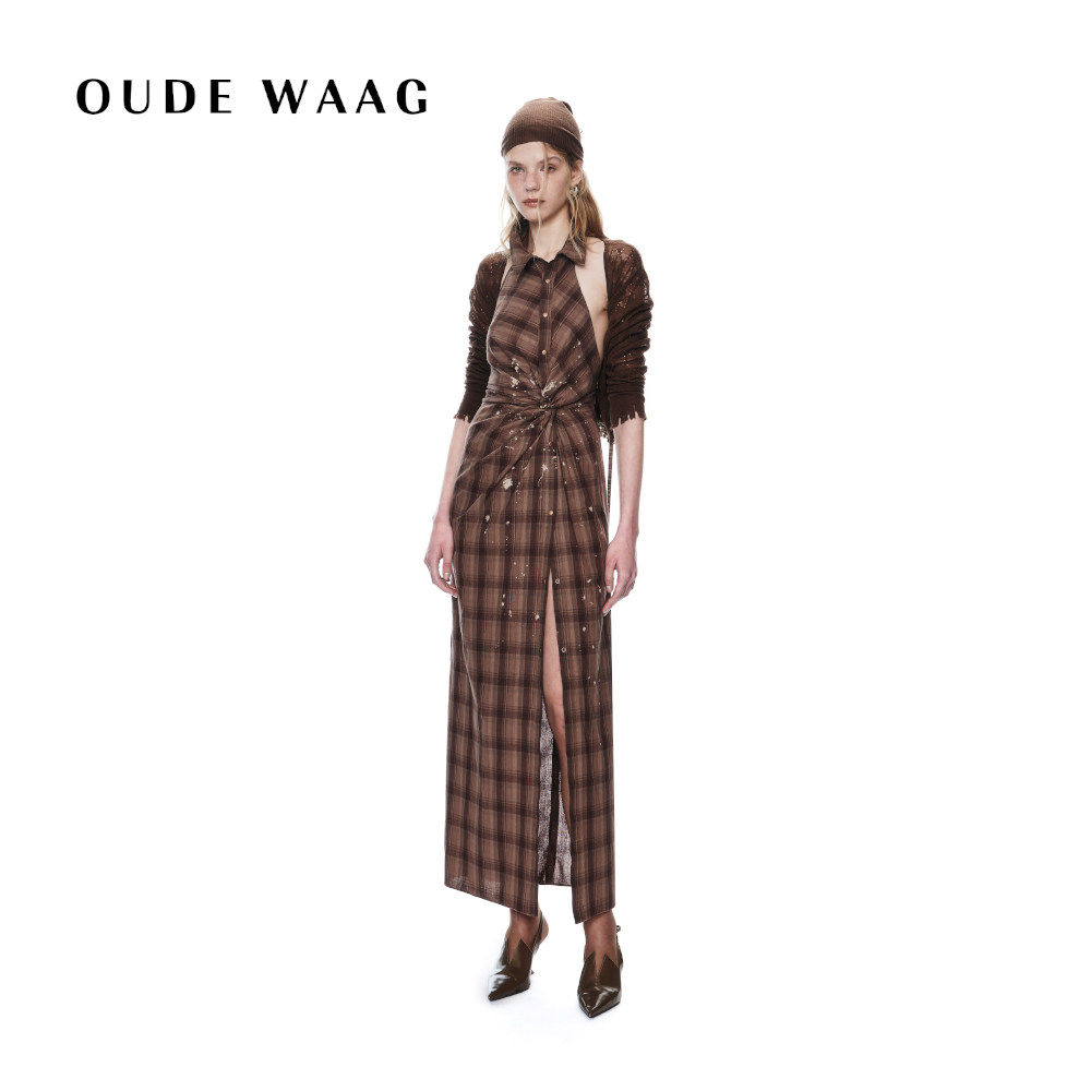 不对称纽结格纹连衣裙