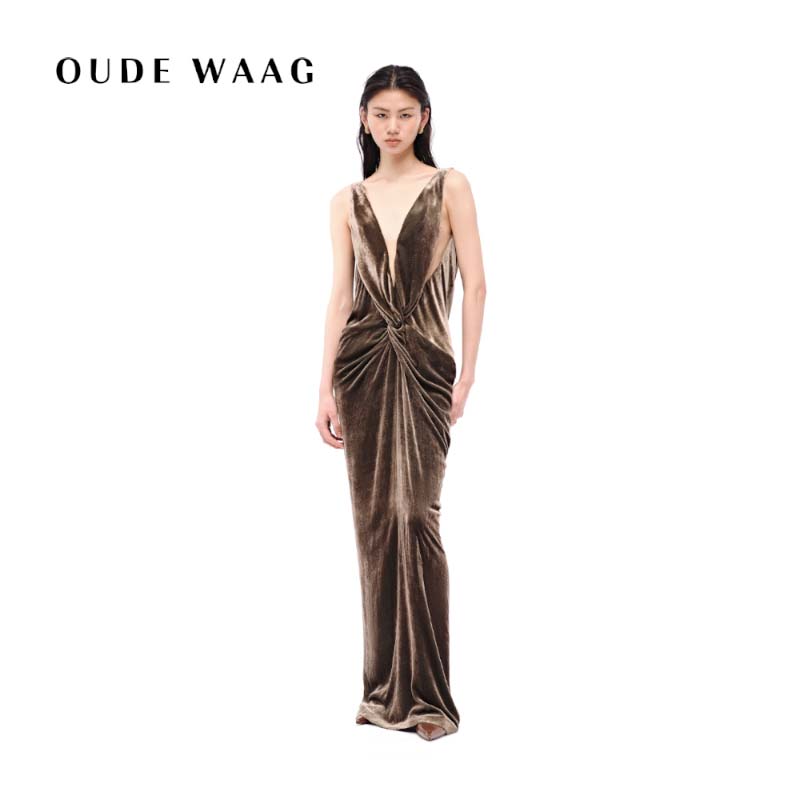 OUDE WAAG 25秋冬新款 复古丝绒曼玉纽结礼服连衣裙