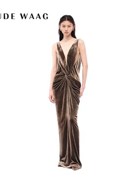 OUDE WAAG 25秋冬新款 复古丝绒曼玉纽结礼服连衣裙