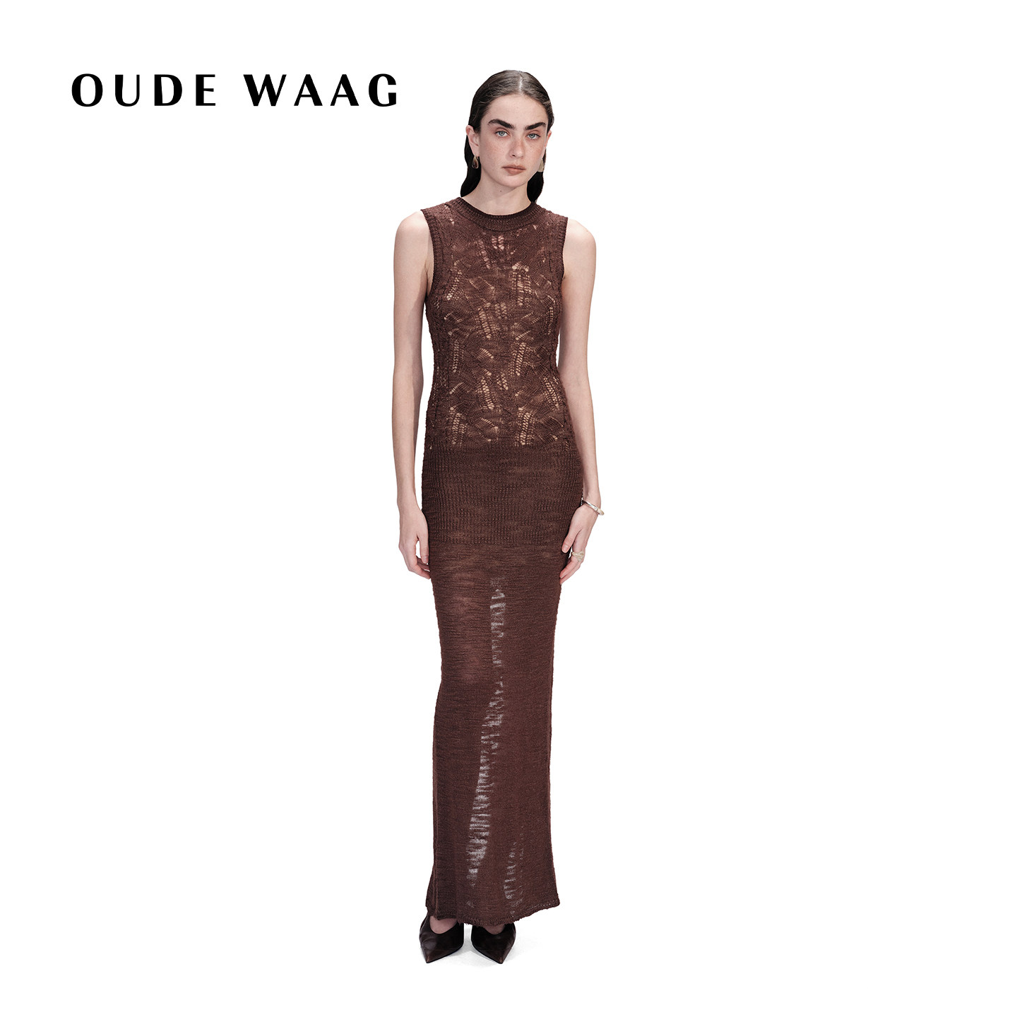 OUDE WAAG 26春夏新款  优雅修身镂空绞花真丝针织连衣裙