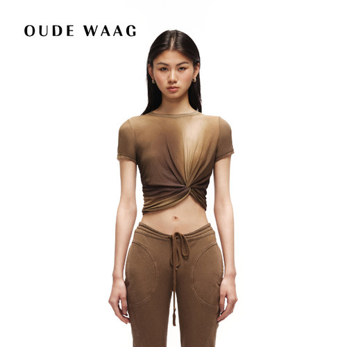 OUDE WAAG 25春夏 亲肤设计感纯棉印花扭结圆领短女装T恤