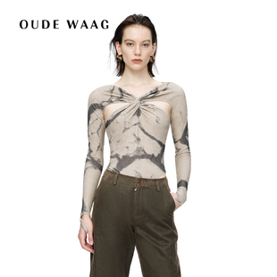 优雅亲肤镂空设计纽结弹力丝绒印花连体衣 25秋冬新款 OUDE WAAG