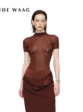 OUDE WAAG 25秋冬新款 轻薄简约修身曲线螺纹短袖针织上衣