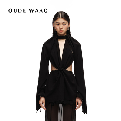 oudewaag黑色镂空露腰连衣裙