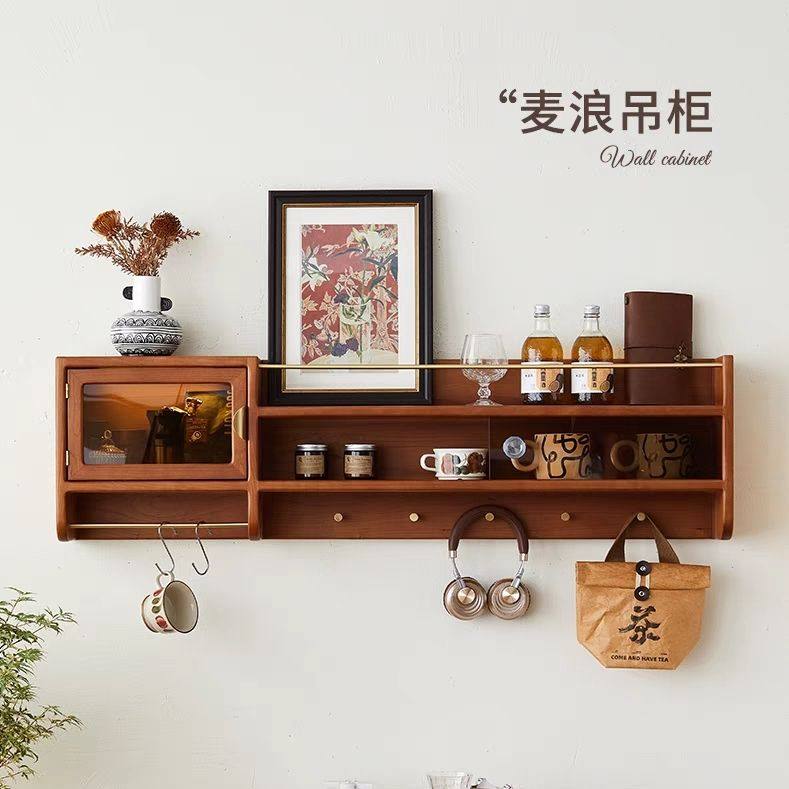 实木小吊柜墙上置物架挂墙式复古玻璃杯子柜北欧储物柜厨房墙壁柜