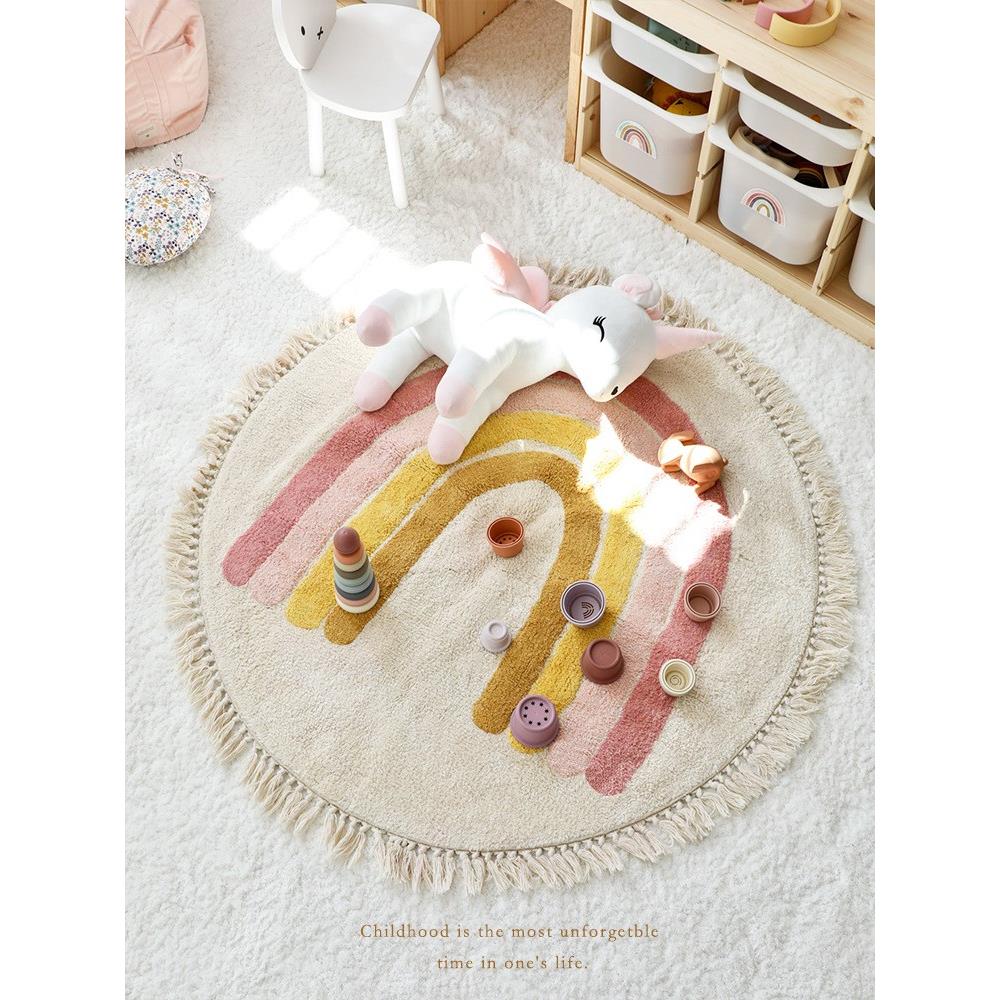 原创彩虹环保圆形地毯宝宝抓周流苏地垫儿童房阅读区床边毯爬行垫