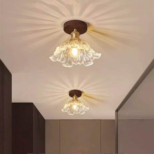 中古风玄关灯胡桃木入户玻璃吸顶灯实木灯具法式过道灯民宿走廊灯