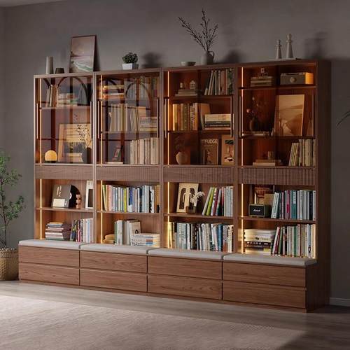 书柜一体整墙储物柜家用客厅组合柜落地展示柜带玻璃门靠墙实木