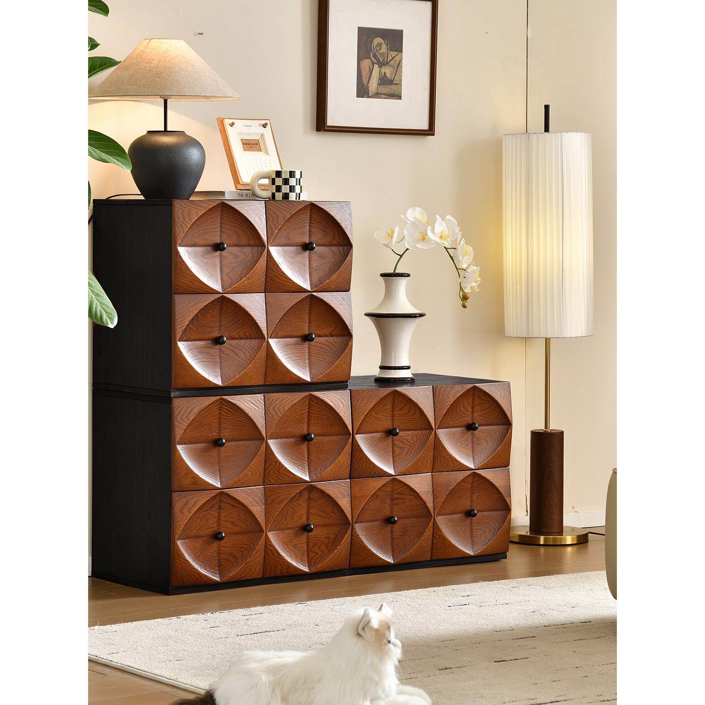 法式覆古实木斗柜客厅靠墙收纳储物柜中古风模块组合柜卧室卡门柜