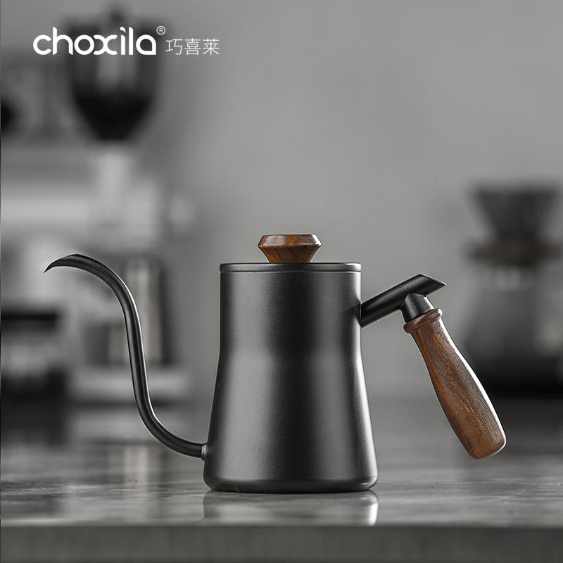 复古手冲咖啡壶304不锈钢挂耳长嘴壶细口壶带温度计刻度木手柄