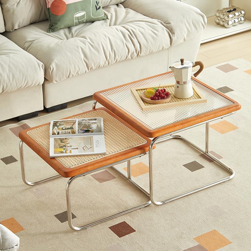 中古茶几小户型组合原木风沙发桌子ins藤编侘寂复古客厅玻璃边几