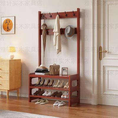 衣帽架鞋架组合实木落地式门口挂衣架换鞋凳一体木入户门宅配到府