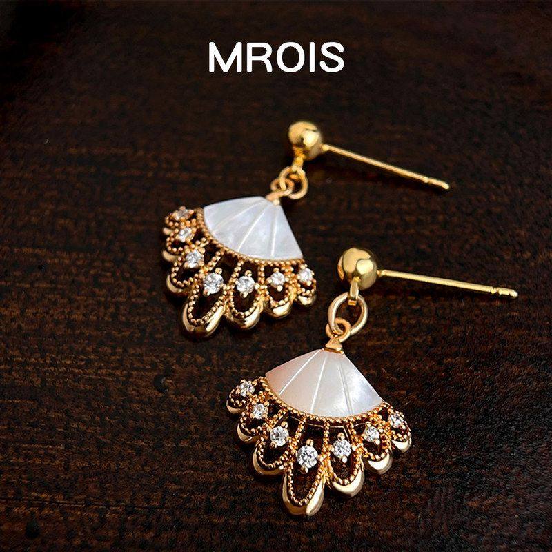 原创厚镀18真金扇形贝壳锆石耳钉