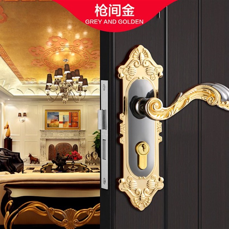 普鑫欧式门锁三件套门锁室内卧室防盗门锁拉手把手仿古铜锁3629