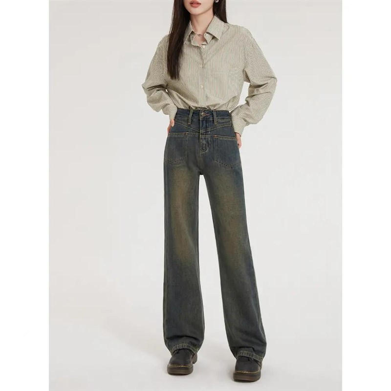 多喜牛窄版阔腿裤女2023秋冬新款高腰牛仔裤复古垂坠感百搭长