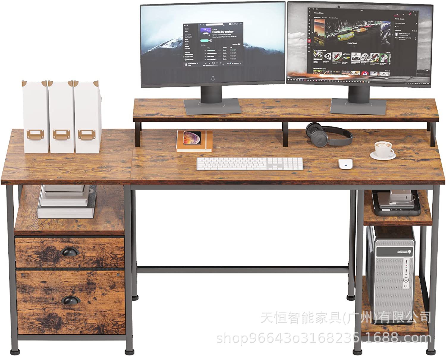 宽阔的电脑桌面可同时放2个电脑屏幕储物方便带文件夹可定制