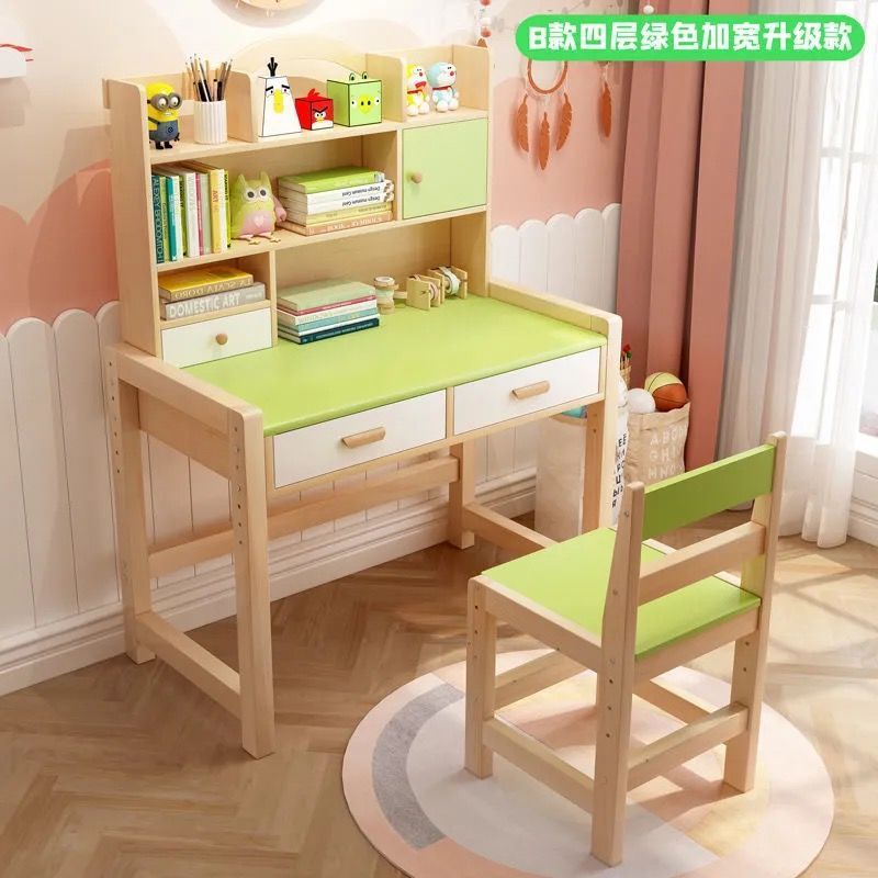 儿童实木学习桌小学生家用写字桌椅套装小孩作业书桌书架组合单桌