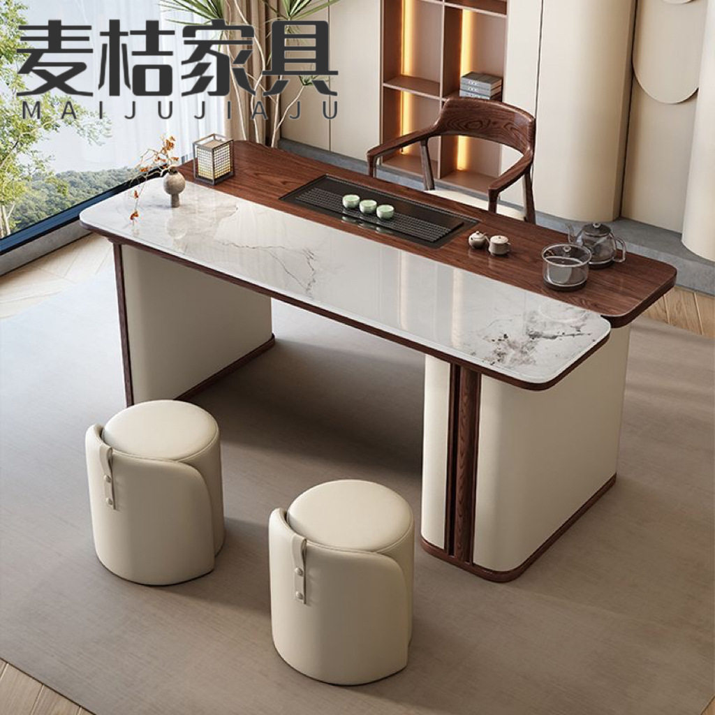 实木岩板办公室茶桌椅组合轻奢长方形简约亮光岩板茶台阳台小茶桌
