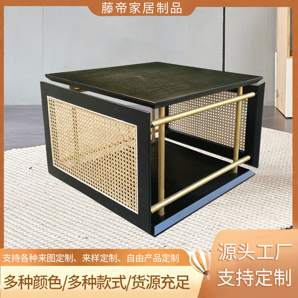 藤编角几北欧真藤手工编实木边柜床头柜藤艺简约卧室简易小柜子