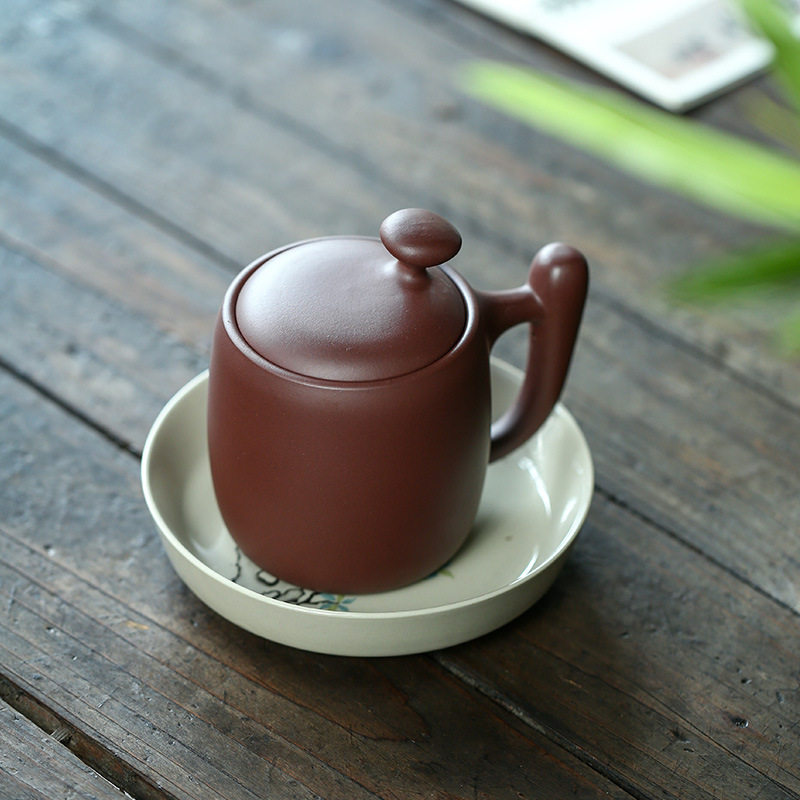 批发紫砂盖杯宜兴原矿手工紫泥办公室泡茶杯茶具套装手工紫砂杯