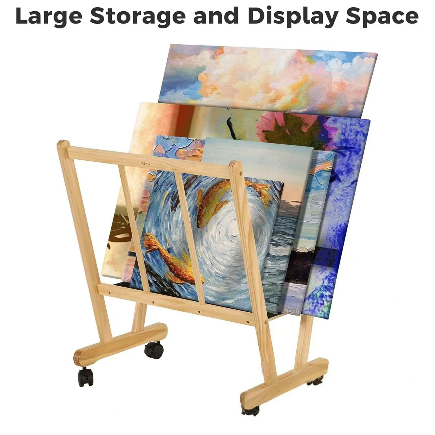 新款可前倾木质油画架带滑轮画板置物架?干燥画布艺术品展示架
