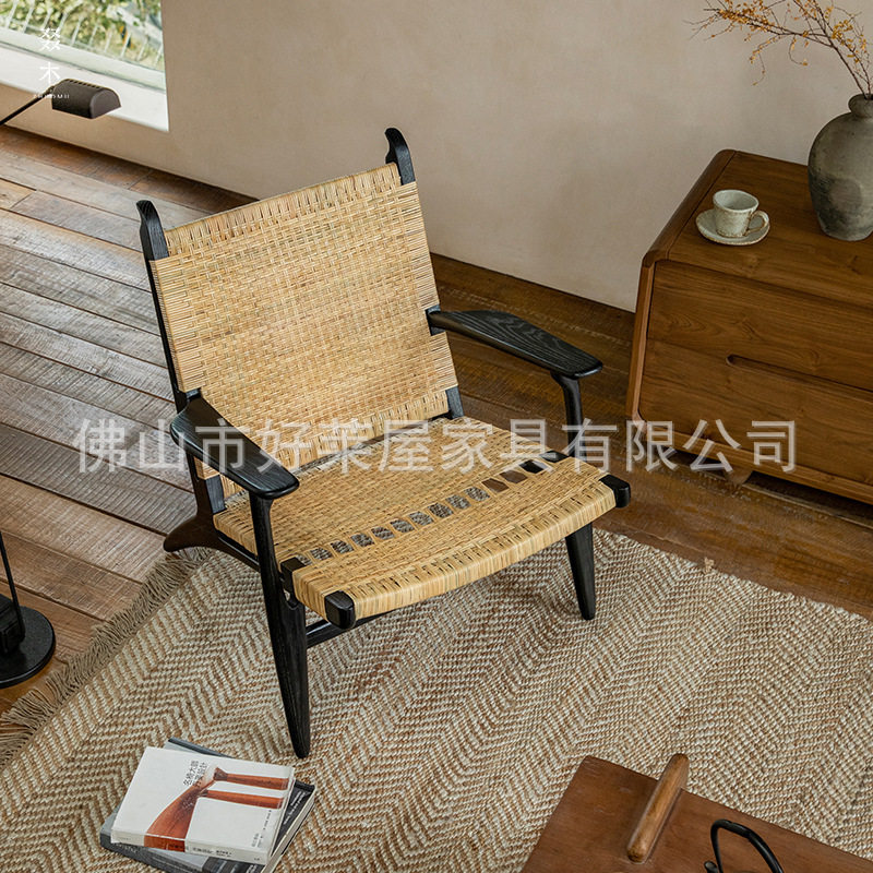 实木牛角看书椅绳编靠背椅民宿中古风沙发椅阳台休闲椅牛角椅